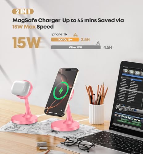 TXXTOL Magnetic Wireless Charger iPhone Stand, 15W Fast Mag-Safe Charger iPhone 17/17 Air/17 Pro/17 Pro Max 16/15/14/13/12 Series Magnet Wireless Charging Station/Pad/AirPods for Home, Office, Travel - color: 1Pack Pink