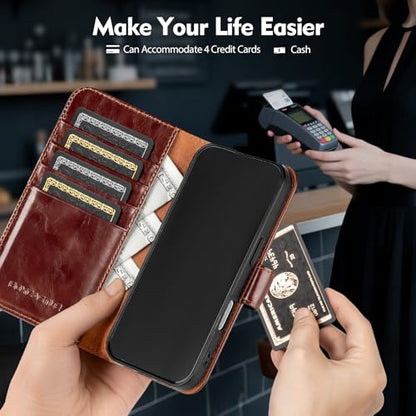 Compatible with iPhone 16 Pro Max Genuine Leather Case Wallet with Card Holder,Women Men Real Leather Flip Folio RFID Blocking Credit Card Slots Phone Cover,for Apple 16 ProMax,Brown - color: Brown, size: iPhone 16 Pro Max - 6.9"