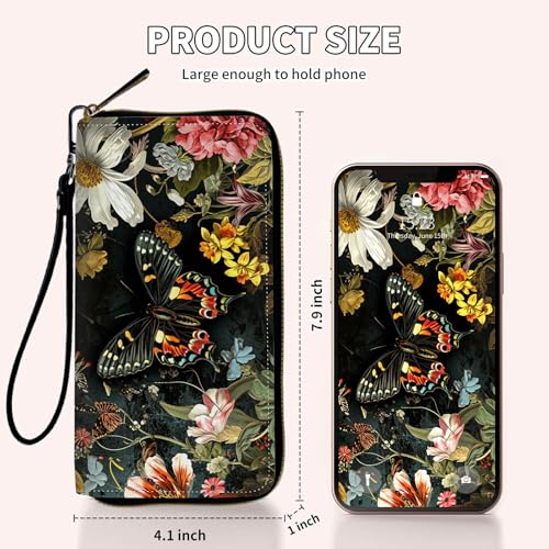 Ladies Wallet,Clutch Purses for Women Wallets Leather Credit Card Holder for Women Wristlet Slim Small Cute with Zipper,Thin RFID Blocking with Wrist Strap,Butterfly Flower - color: Butterfly Flower