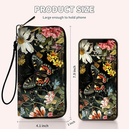 Ladies Wallet,Clutch Purses for Women Wallets Leather Credit Card Holder for Women Wristlet Slim Small Cute with Zipper,Thin RFID Blocking with Wrist Strap,Butterfly Flower - color: Butterfly Flower