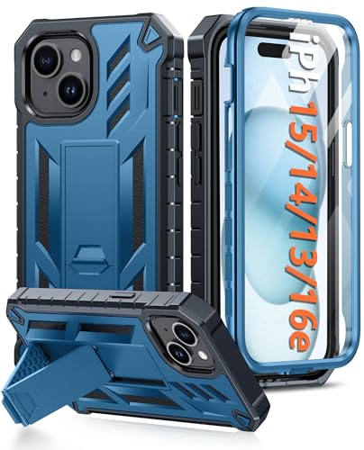 FNTCASE for iPhone 15/14/13 Case, Built-in Screen Protector, Kickstand Blue | 20FT Military-Grade Drop Protection, Anti-Slip Matte Textured, Rugged Heavy Duty Shockproof Protective Phone Cover, Blue - color: Blue