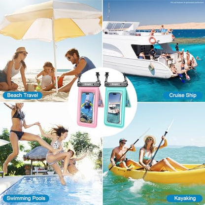 Rynapac Double Space Floating Waterproof Phone Pouch [Up to 8.5''], 2 Pack | Touchscreen, IPX8 Waterproof Phone Case, for iPhone 17 16 15 14 Pro Max, Adjustable Lanyard, Beach & Cruise Essentials 2026 - color: Pink & Green