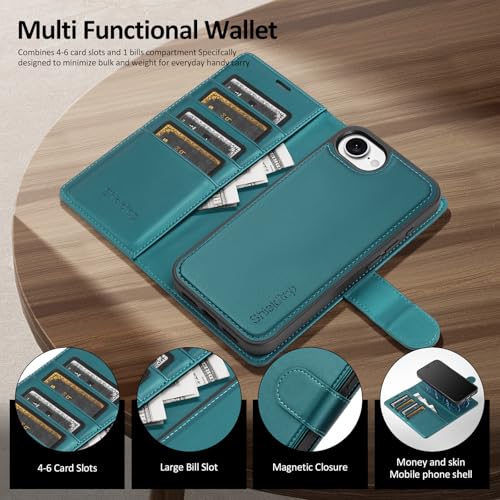 Shieldtop Compatible with MagSafe iPhone 17e / 16e Wallet Case,Blue Green | 2 in 1 Detachable Magnetic,Credit Card Holder Slots,RFID Blocking,PU Leather,Kickstand,Flip Folio Phone Cover for Men & Women - color: Blue Green