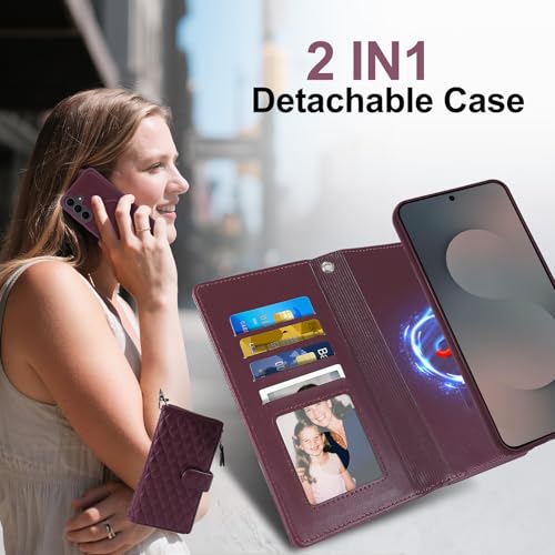 Harryshell Detachable Wallet Case for Samsung Galaxy S25 FE Compatible with Magsafe RFID Blocking Card Slots Removable Phone Cover Zipper Purse Kickstand Wrist Strap for Men Women Quilted Burgundy - color: Quilted Burgundy