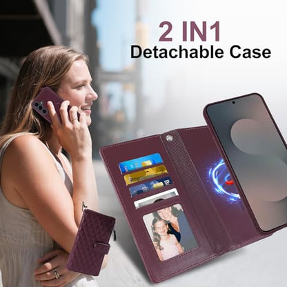 Harryshell Detachable Wallet Case for Samsung Galaxy S25 FE Compatible with Magsafe RFID Blocking Card Slots Removable Phone Cover Zipper Purse Kickstand Wrist Strap for Men Women Quilted Burgundy - color: Quilted Burgundy