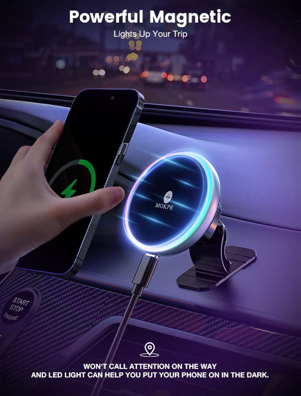 for Magsafe Car Mount Charger 15W LED RGB Car Phone Holder for Dash Vent - color: Brigh Black