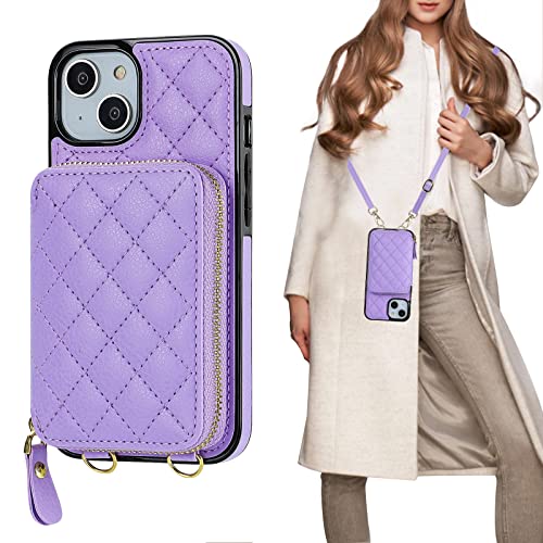 Bocasal Crossbody Wallet Case Card Holder for iPhone 13, Purple | RFID Blocking PU Leather Zipper Handbag Purse, Kickstand Flip Folio Case with Card Slots Holder Wrist Strap Lanyard 6.1 Inch - color: Purple