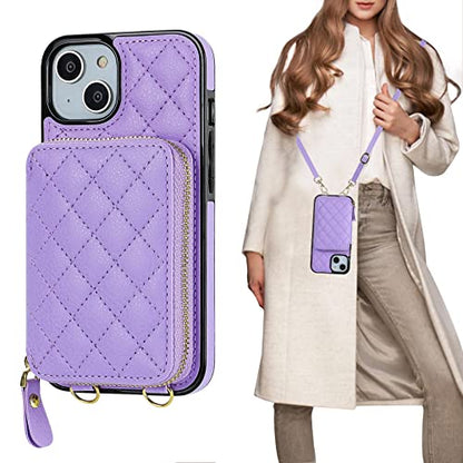 Bocasal Crossbody Wallet Case Card Holder for iPhone 13, Purple | RFID Blocking PU Leather Zipper Handbag Purse, Kickstand Flip Folio Case with Card Slots Holder Wrist Strap Lanyard 6.1 Inch - color: Purple
