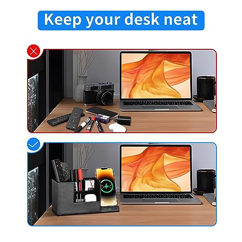 Wireless Charger with Desk Organizer, Fast Charging Station for iPhone 15 14 13 12 11 Pro Max/Samsung Galaxy S23/S22/S21/S20/Z Flip/Fold 5, Desk Phone Charger Stand Office Desktop Organizer Leather