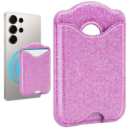 Fjcdslwx Compatible with Magsafe Wallet Magnetic Card Holder -Glitter Purple Phone Wallet for Galaxy S25 Series,iPhone 17/16/15/14/13 Series for Women Teen Girls for Apple Mag RFID Magnet,Fit 3 Cards - color: Purple
