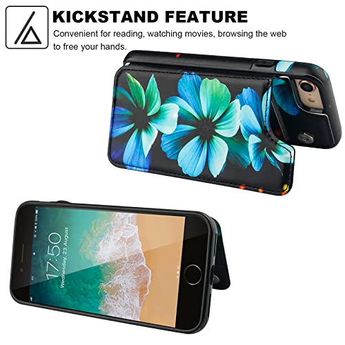 HAOPINSH iPhone SE(2022)/SE(2020)/7/8 Wallet Case, Blue Florals Flip PU Leather Kickstand Card Slots, Double Magnetic Clasp, Shockproof 4.7 - color: Blue Florals