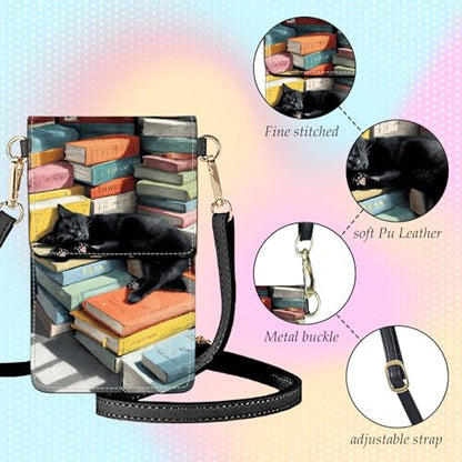 Small Crossbody Bags for Women Touchscreen Cell Phone Bag Cross Body Purses with adjustable Strap,Gifts For Teenage Girls - color: Black Cat In Books