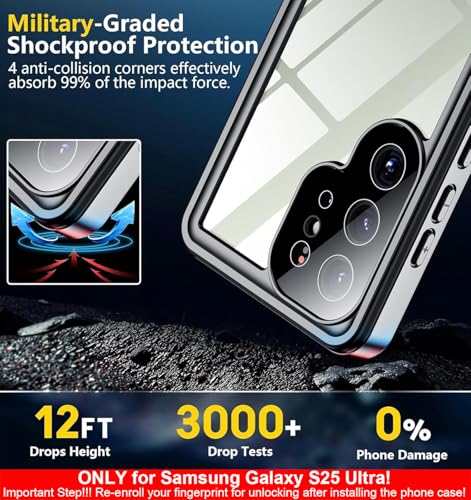 SPIDERCASE Only for Samsung Galaxy S25 Ultra Case Waterproof, Built-in Screen & Camera Lens Protector[IP68] [Military Grade Shockproof] Full Protection Only for S25 Ultra 6.9”, Black/Clear