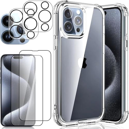 5 in 1 Clear Case for iPhone 15 6.1-Inch, with 2 Screen Protector and 2 Camera Lens Protector, 9H Edge Protection Tempered Glass Film, Shockproof Drop Transparent Protection Cover - size: iPhone 15
