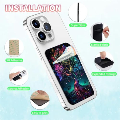 Phone Credit Card Holder Stick on, Phone Case Wallet, Cell Phone Pocket Self Adhesive Stretchy Lycra Stick on Wallet ID Credit Card Case Pouch Sleeve for All Smartphones, Colorful Tree - color: Phone Case Wallet-617