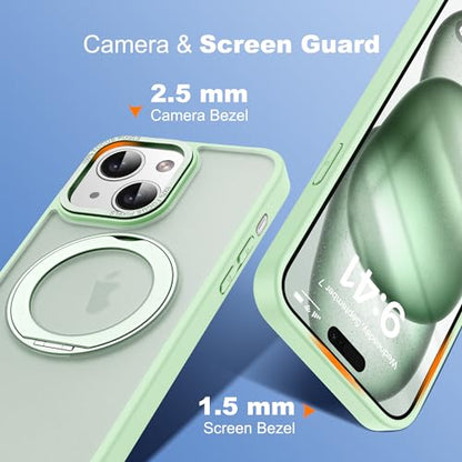 for iPhone 15 Case with 360° Spin Magnetic Stand,Green | iPhone 15 Phone Case 6.1",Spin Magnetic Ring Stand,Compatible with MagSafe,Military Protection,Translucent Matte - color: Green, size: iPhone 15