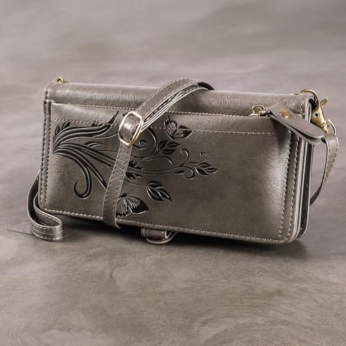 for Google Pixel 9 Pro XL/10 Pro XL Case Wallet,RFID Blocking Card Holder Zipper Leather Flip Cover Crossbody Wrist Strap with Stand (Floral Gray) - color: Floral Gray