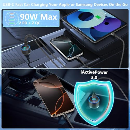 Stuffcool Car Charger USB C, 4Port 90W 2USB-C & 2USB-A Car Power Adapter