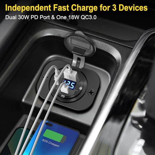 USB C Car Charger Socket 12V USB Outlet 2 Pack: Aluminum Metal 78W Dual PD 30W and 18W QC3.0 Port Multi Charger Outlet with LED Voltmeter Power Switch for RV Motorcycle Boat Marine
