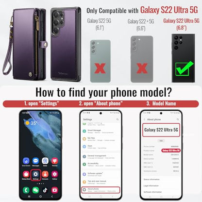 Defencase for Galaxy S22 Ultra Case Wallet Compatible with Magsafe, Purple | Magnetic Detachable, RFID Bolcking Card Holder, Zipper Strap, PU Leather Drop-Proof Phone Cover for Samsung Galaxy S22 Ultra - color: (Detachable with Magsafe)-Purple