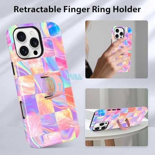 KANGHAR Compatible with iPhone 16 Pro Case Checkered -Iridescent | Silicone Cute Pattern, Finger Hold Wristband Kickstand Camera Protection Soft Slim Phone Case for Girls Women - color: (Checkered)Iridescent Gradient, size: iPhone 16 Pro