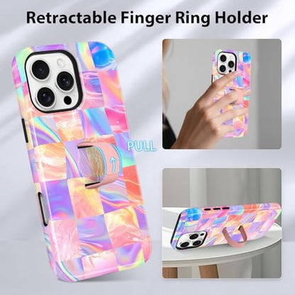KANGHAR Compatible with iPhone 16 Pro Case Checkered -Iridescent | Silicone Cute Pattern, Finger Hold Wristband Kickstand Camera Protection Soft Slim Phone Case for Girls Women - color: (Checkered)Iridescent Gradient, size: iPhone 16 Pro