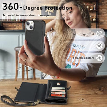 for Wallet Case Compatible with iPhone 13,Multi-Function Detachable 2 in 1 Magnetic iPhone 13 Case Wallet,Flip Strap Zipper Card Holder Phone Case with Shoulder Straps (Black) - color: Black, size: iPhone 13
