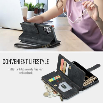 Compatible with iPhone 17 Wallet Case with Card Holder Kickstand Magnetic Zipper Pocket Lanyard Strap Wristlet,Leather Flip Case Wallet for iPhone 17 6.3 Inch (Black) - color: Black, size: iPhone 17 6.3 Inch