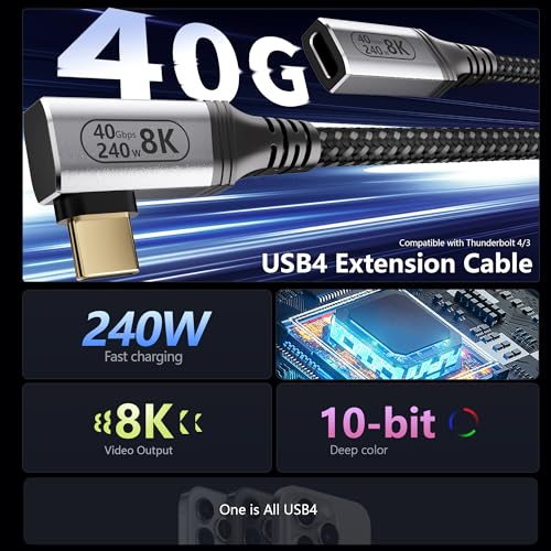 6.6FT USBC Extension Cable Right Angle Compatible with Thunderbolt 4/3,USB4 40Gbps Data Transfer,90 Degree USB C Male to Female Cable,Type C Extension 240W Fast Charging,8K/4K Video Display. - size: 6.6FT