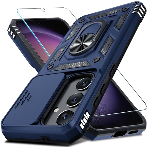 Janmitta for Samsung Galaxy S24 FE Case Built in Slide Camera Cover,Blue | with Tempered Glass Screen Protector+Finger Ring Holder Kickstand,Heavy Duty Shockproof Full Body Phone Cover - color: Blue, size: For Samusng S24 Fe
