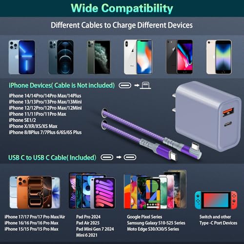 Fast Charging Wall Charger + USB C Cable, 2-Pack 20W USB C Power Adapter - color: Purple Blue