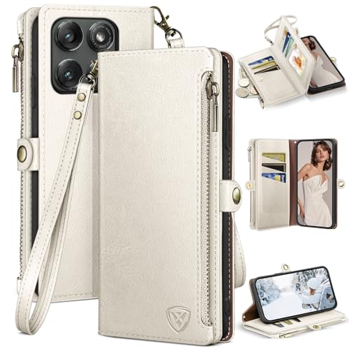 XcaseBar Compatible with ‌Moto Edge 5G 2025 Wallet case with Zipper Credit Card Holder【RFID Blocking】,Flip Folio Book PU Leather Phone case Shockproof Cover Women Men for Mote Edge 2025 case White - color: White