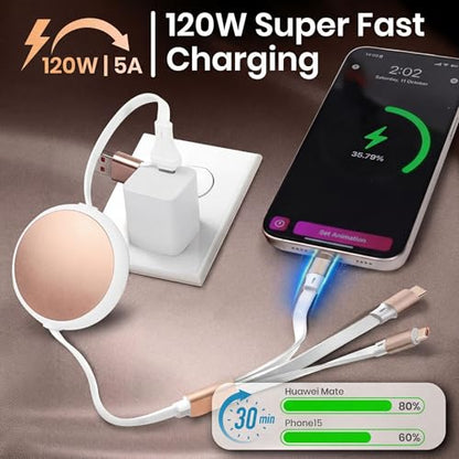 120W Fast Multi Charging Cable, 6 in 1 Retractable Charger (White Golden) - color: White Golden