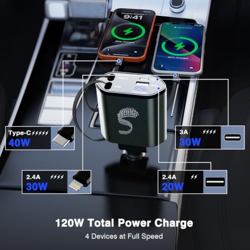 Retractable Car Charger USB C Fast Charging 120W, Car Accessories Cigarette Lighter Adapter Car iPhone17 16 15 14 13, Galaxy S26, Pixel Charger Travel Essentials Gift for Travelers, Men, Women