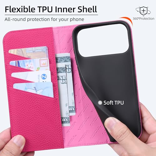 VISOUL Pebbled Leather Wallet Case for iPhone 17 Pro Max 6.9" 2025, Genuine Leather Flip Folio Cover with RFID Blocking Card Holders, Kickstand, Soft TPU Protective Flip Cover -Black+Peach Red - color: Black+Peach Red