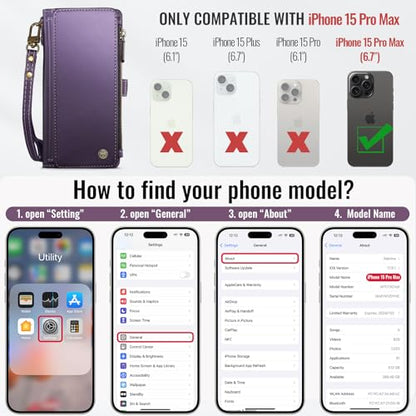 Defencase for iPhone 15 Pro Max Wallet Case with RFID Card Holder, Purple | Durable Soft PU Leather, with Zipper Pocket, Wrist Strap, Fashion Snap Flip Phone Cases Cover with Stand for Women and Men - color: Purple