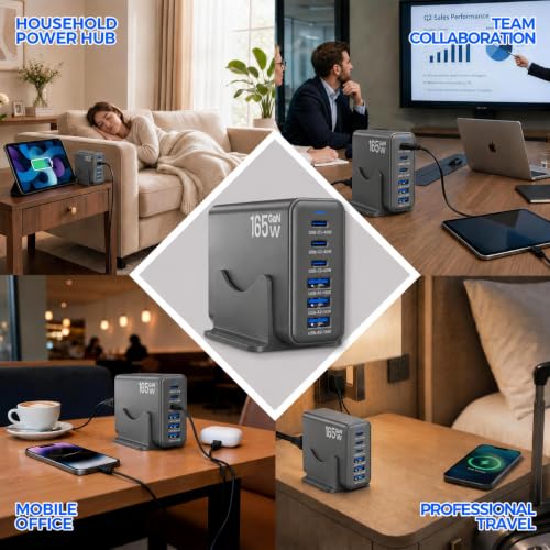 165W GaN Charging Station, 6-Port Desk Charging Station, Dark Gray - color: Dark Grey