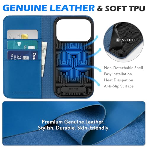SHIELDON Genuine Leather Wallet Case for iPhone 17 Pro 6.3", Sapphire Blue | Magnetic Closure, RFID Blocking, Credit Card Holder, Kickstand, Folio Design, Shockproof Phone Cover for Men Women - color: Sapphire Blue