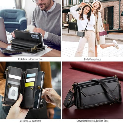 Strapurs Crossbody Wallet Case Compatible with Samsung Galaxy Z Fold 6 with RFID Blocking Card Holder & Pen Holder Slot Soft PU Leather Shoulder Strap Zipper Pocket Purse Fold 6 Phone Case, Black | RFID Blocking 5-Card Holder, Shoulder Lanyard, Wirst Stra