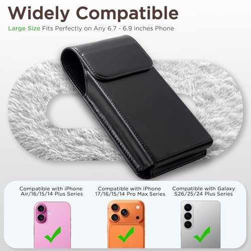 Holster for iPhone 17 Pro Max 16 Pro Max 15 Pro Max 14 Pro Max 13 Pro Max 16 Plus 15 Plus 14 Plus, Premium Leather Pouch with Belt Clip Phone Holster Belt Case, Black -L - color: Black, size: Large