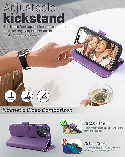 OCASE Compatible with iPhone 15 Wallet Case, PU Leather Flip Folio Case with Card Holders RFID Blocking Kickstand [Shockproof TPU Inner Shell] Phone Cover 6.1 Inch 2023, Litchi Purple - color: Litchi Purple