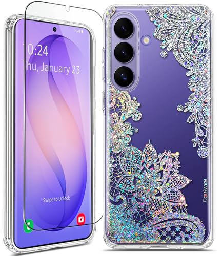 Clear Glitter for Samsung Galaxy S26 Case - 6.3 inch, Shockproof Thin Flower Slim Cute Crystal Lace Bling Women Hard Back Soft TPU Bumper Protective Cover for Samsung S26 Mandala Henna - color: Clear with Bling Lace, size: 6.3 inch (for S26)