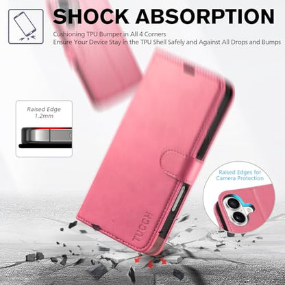 TUCCH Wallet Case for iPhone 16 (6.1") 2024, 4 Card Holders, Hot Pink | RFID Blocking, Viewing Stand, Shockproof TPU Shell, PU Leather, Magnetic Closure, Protective Folio Flip Cover - color: Hot Pink