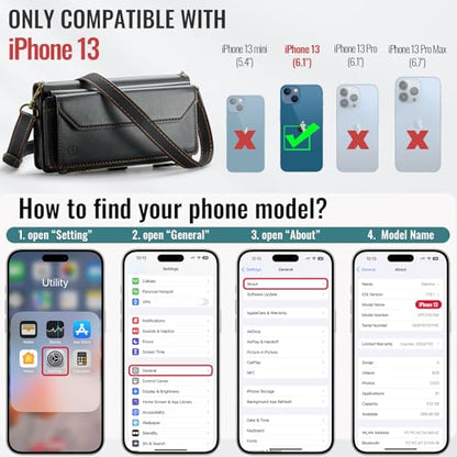 Strapurs Wallet Case Compatible with iPhone 13 RFID Blocking 7-Card Holder Soft PU Leather Magnetic Snap Shoulder Strap Zipper Pocket Phone Case Fit for iPhone 13 for Women 6.1" - Black | RFID Blocking 7-Card Holder, Shoulder Lanyard, Wirst Strap, Zipper