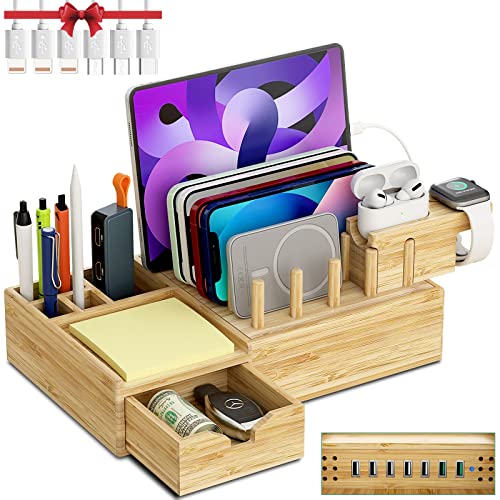 Darfoo Bamboo Charging Station for Multiple Devices with Drawer