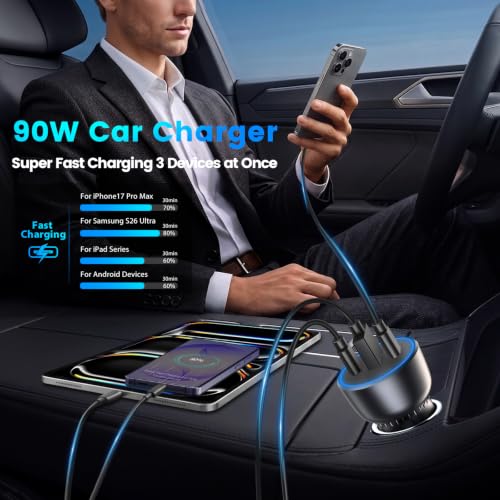90W USB C Car Charger Multi Ports Adapter Fast Charging for iPhone Duo