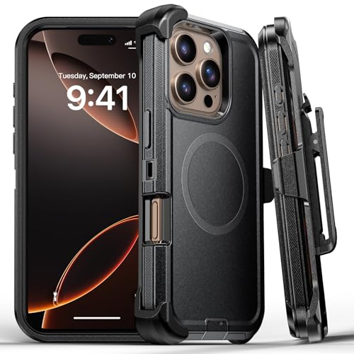 Lanhiem for iPhone 16 Pro Max Magnetic Case with Belt Clip Holster, [Compatible with Magsafe] Heavy Duty Rugged 3 Layer Drop Protection Cell Phone Cover, Anti-Drop with 360° Rotating Kickstand Black