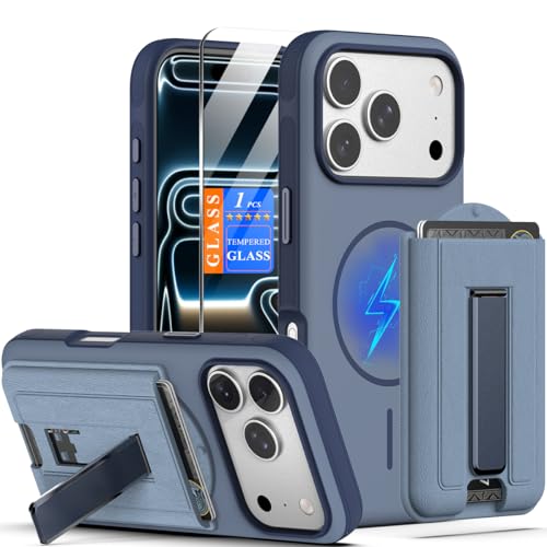 Nvollnoe for iPhone 17 Pro Case with Card Holder & Screen Protector, Compatible with Magsafe, Built-in Kickstand, Detachable Magnetic Wallet Case for iPhone 17 Pro(Blue) - color: Blue