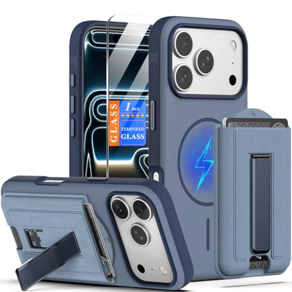 Nvollnoe for iPhone 17 Pro Case with Card Holder & Screen Protector, Compatible with Magsafe, Built-in Kickstand, Detachable Magnetic Wallet Case for iPhone 17 Pro(Blue) - color: Blue