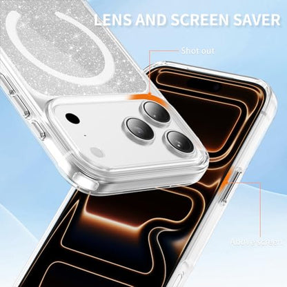 LEMAXELERS Magnetic Clear Glitter Case for iPhone 17 Pro Max -Clear SF | Compatible with MagSafe, Crystal Sparkly Bling Clear TPU Bumper Hard PC Slim Shockproof Protective Cover - color: Clear, size: iPhone 17 Pro Max